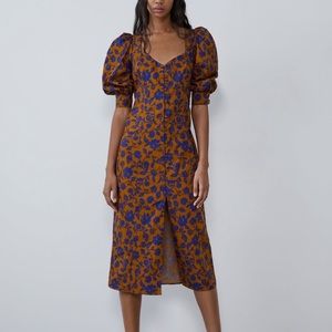 Zara Puff Sleeve Poplin Midi Dress